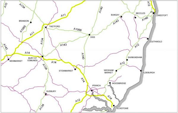 Map of roads in Suffolk maintained by Highways England