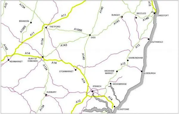 Map of roads in Suffolk maintained by Highways England