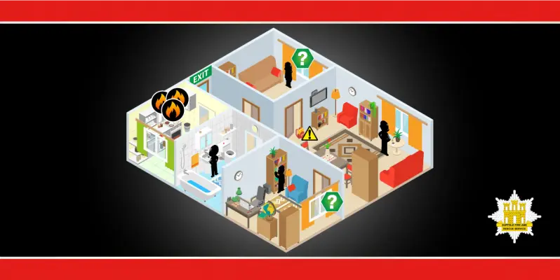 Cross section of a home showing fire and possible escape routes