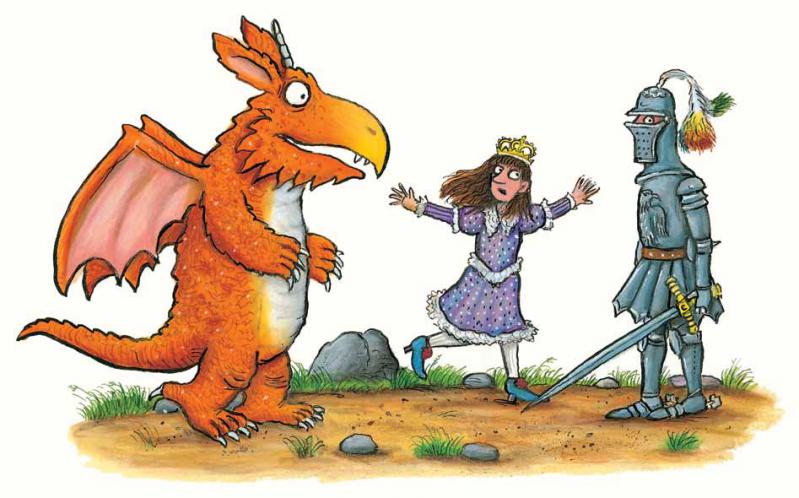 Image from the children’s book Zog showing a dragon, princess, and knight.