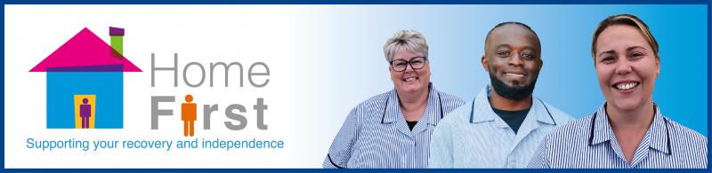 Home First Web Banner logo and three happy looking care workers 