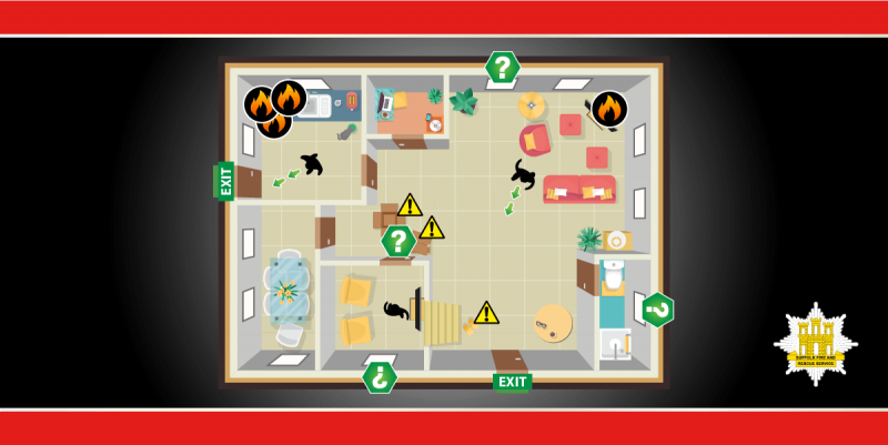 Birds-eye view of a house showing possible escape routes if there's a fire