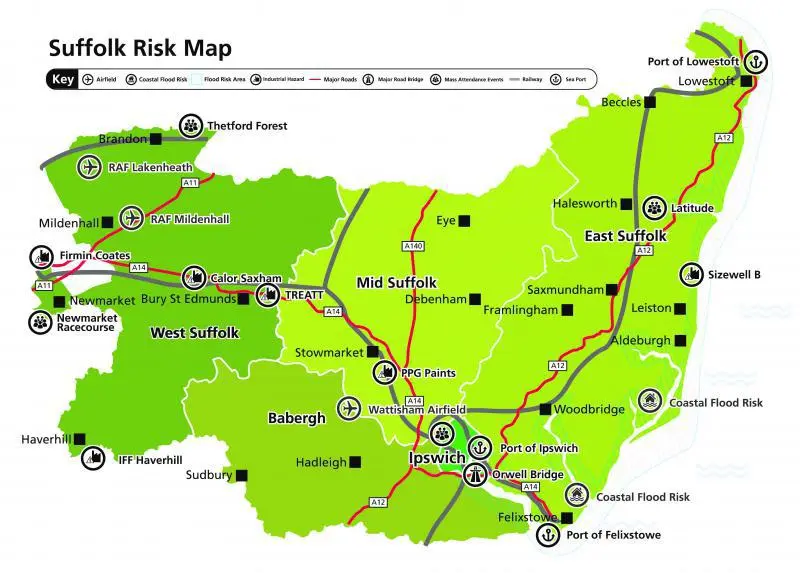 Map showing places of potential risk in Suffolk