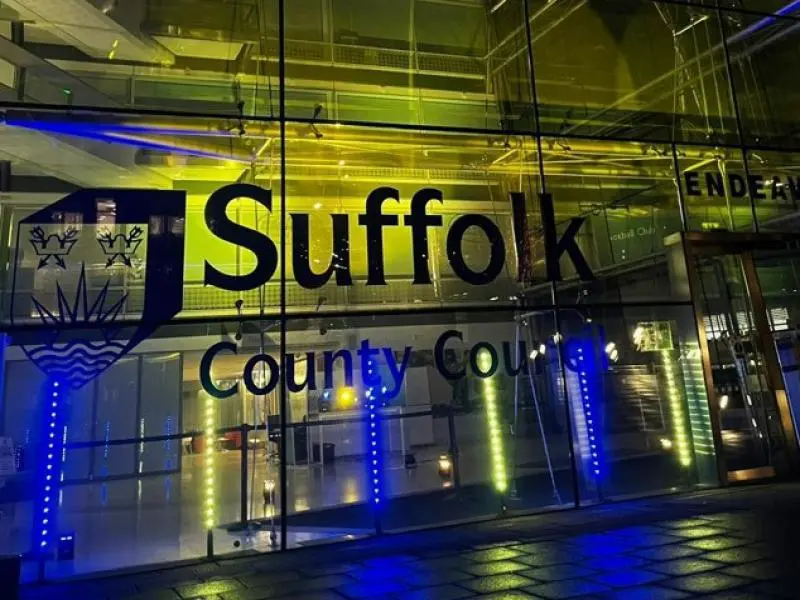 Suffolk County Council offices lit up in Ukraine colours