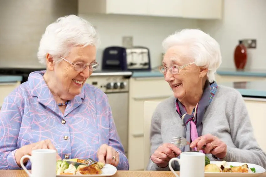 Two older women enjoying a meal at home