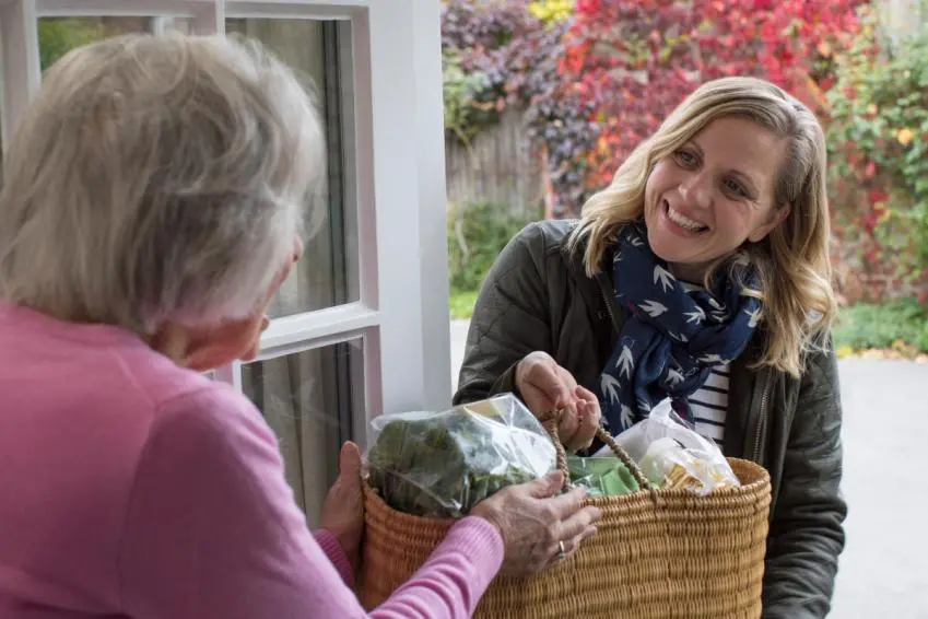 Woman delivering shopping to an older lady at home