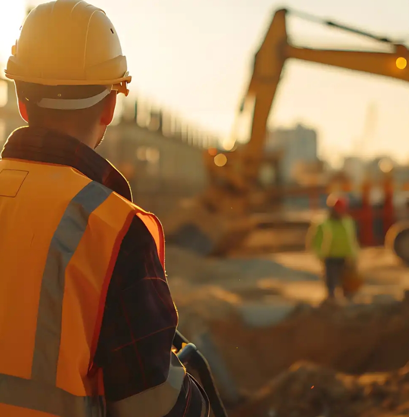 A man is on a construction site, he is wearing a hi-vis jacket and a hard hat
