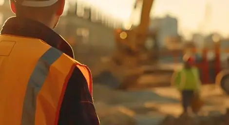 A man is on a construction site, he is wearing a hi-vis jacket and a hard hat