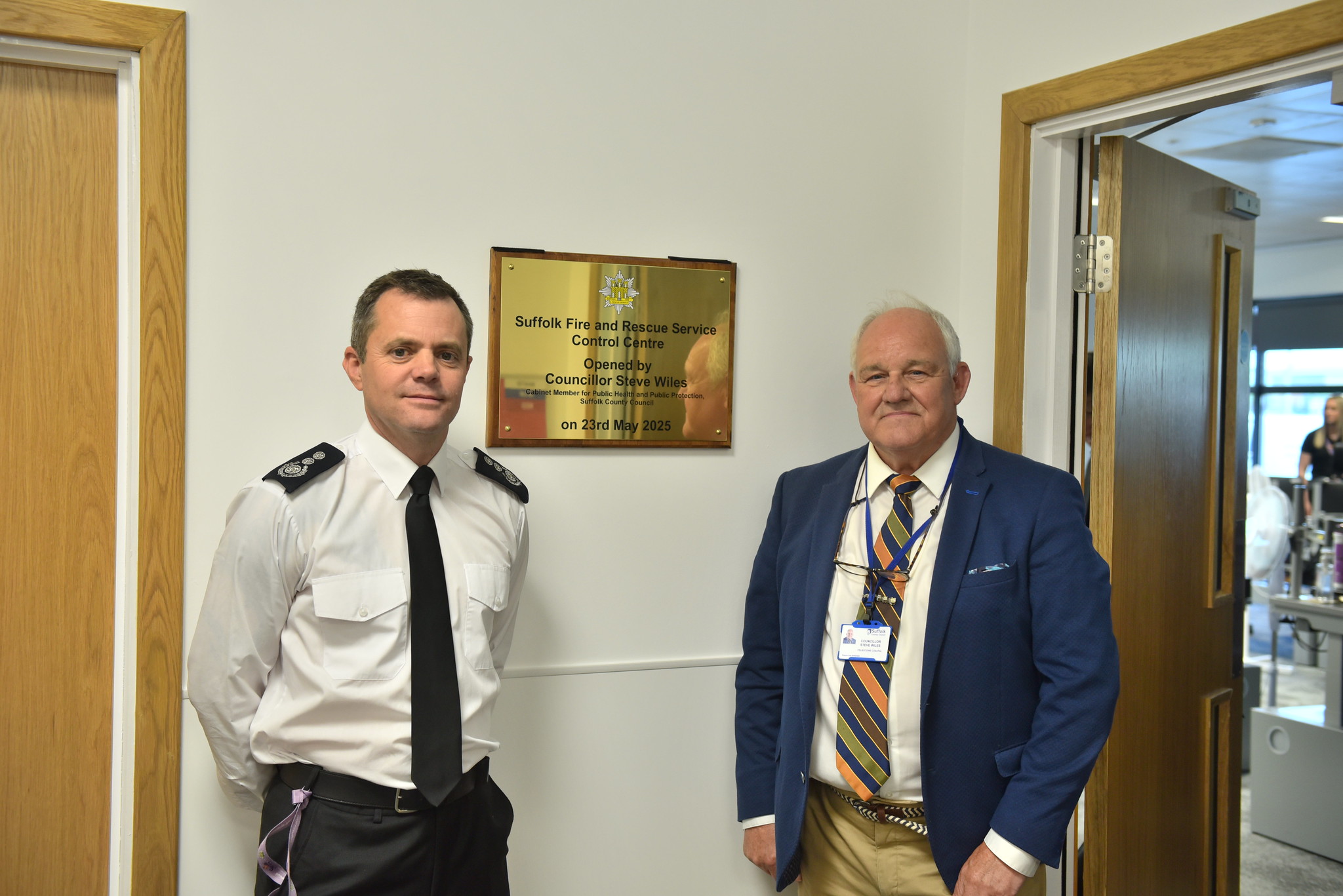 Jon Lacey, Chief Fire Officer and Councillor Steve Wiles, Suffolk County Council's Cabinet Member for Public Protection at the new control centre ceremonial opening