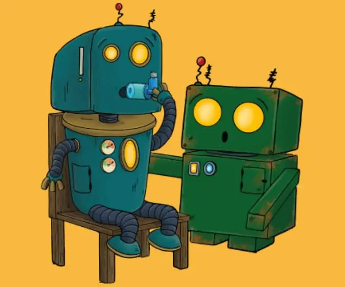 Jot the robot helping his robot friend with his inhaler