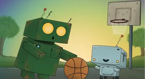 Cartoon of Jot the robot playing basketball