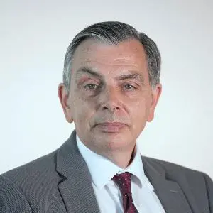 Cllr Keith Scarff wearing grey jacket, white shirt and maroon tie