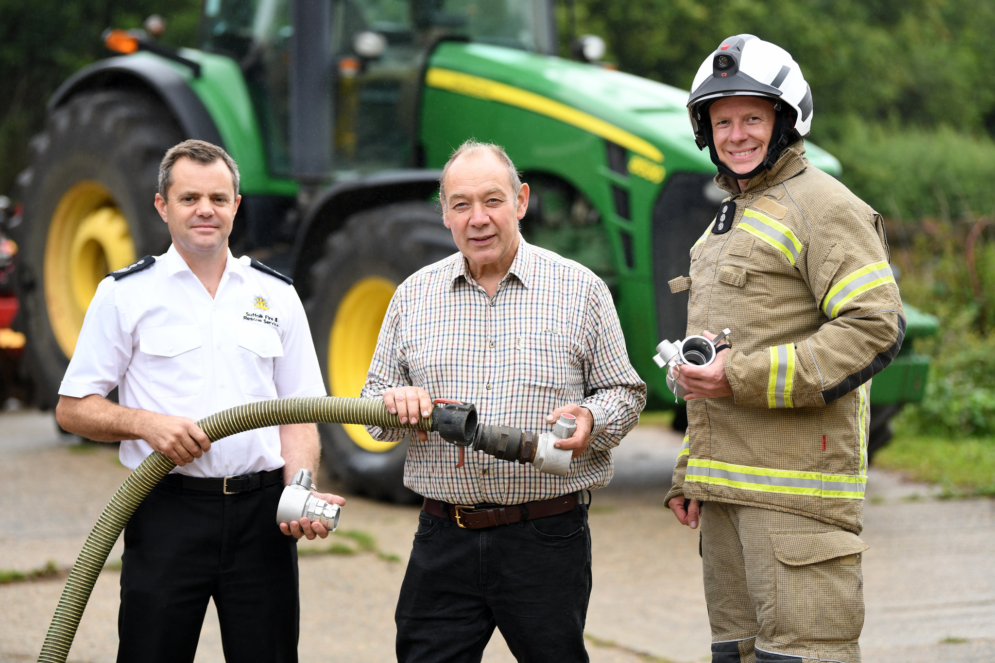 (L2R) SFRS Chief Fire Officer Jon Lacey, NFU Suffolk Chair and farmer Glenn Buckingham and SFRS Station Manager and Equipment Officer, Alex Smith
