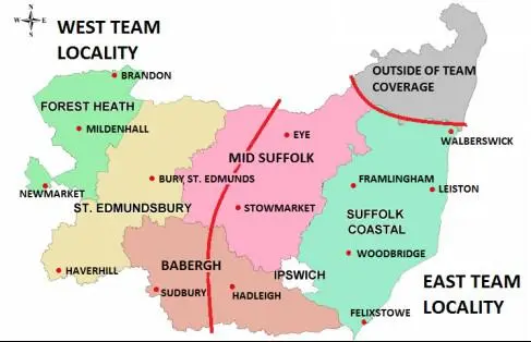 Map of areas covered by the Learning Disabilities and Autism team