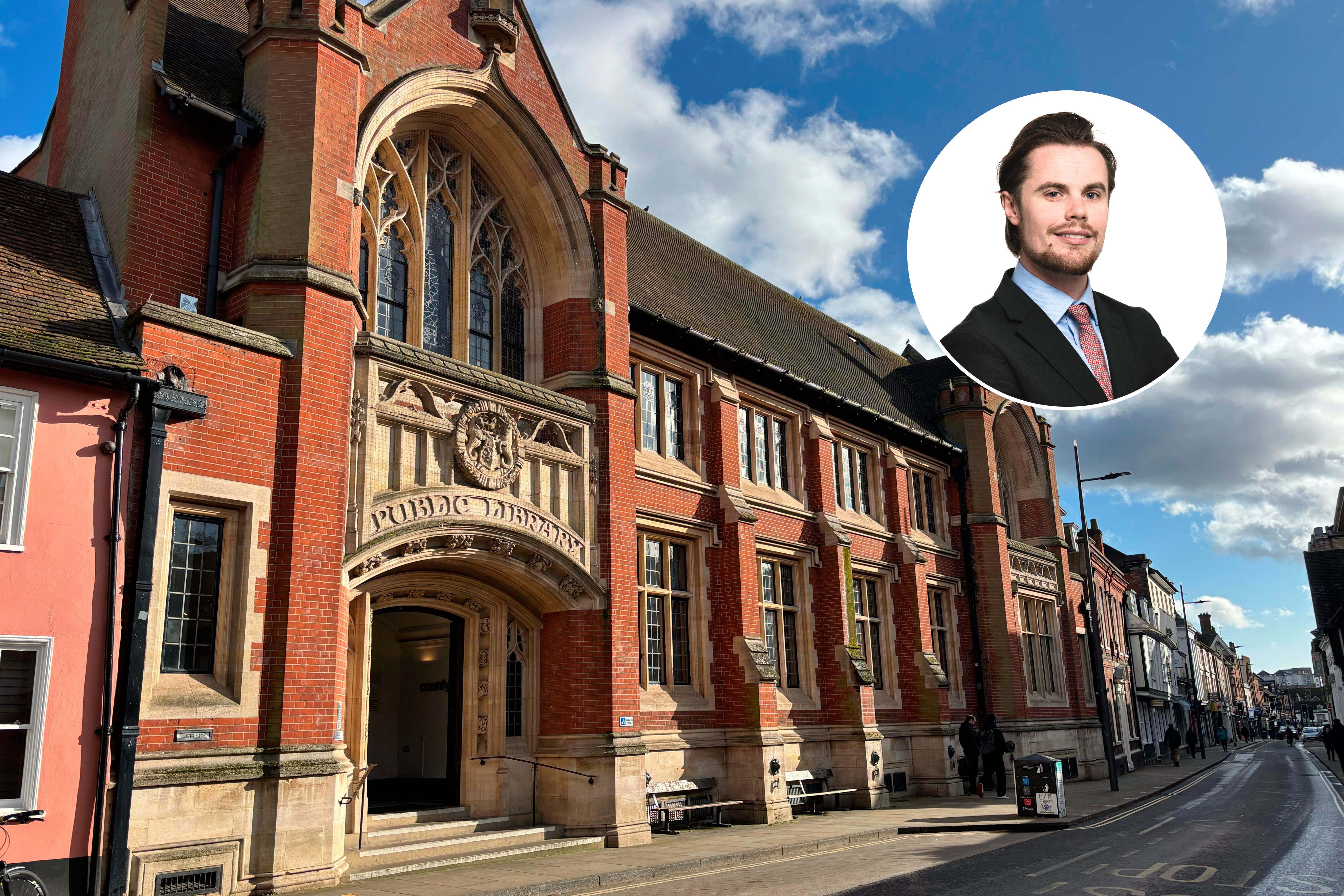 Ipswich Library with an inset photo of Cllr Philip Faircloth-Mutton 