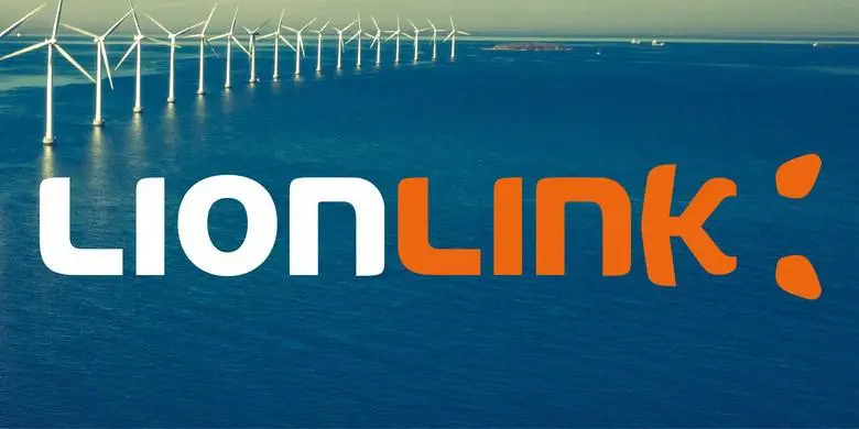 A windfarm at sea with the LionLink logo