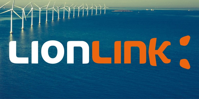 A windfarm at sea with the LionLink logo