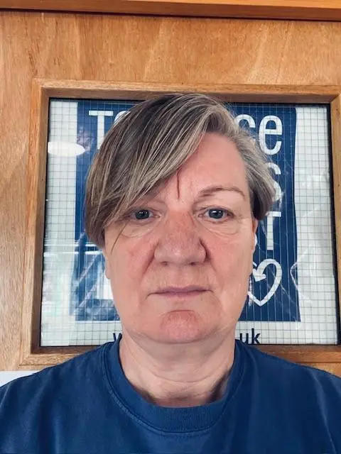 Lorraine Turner, Terrence Higgins Trust, wearing a blue t-shirt