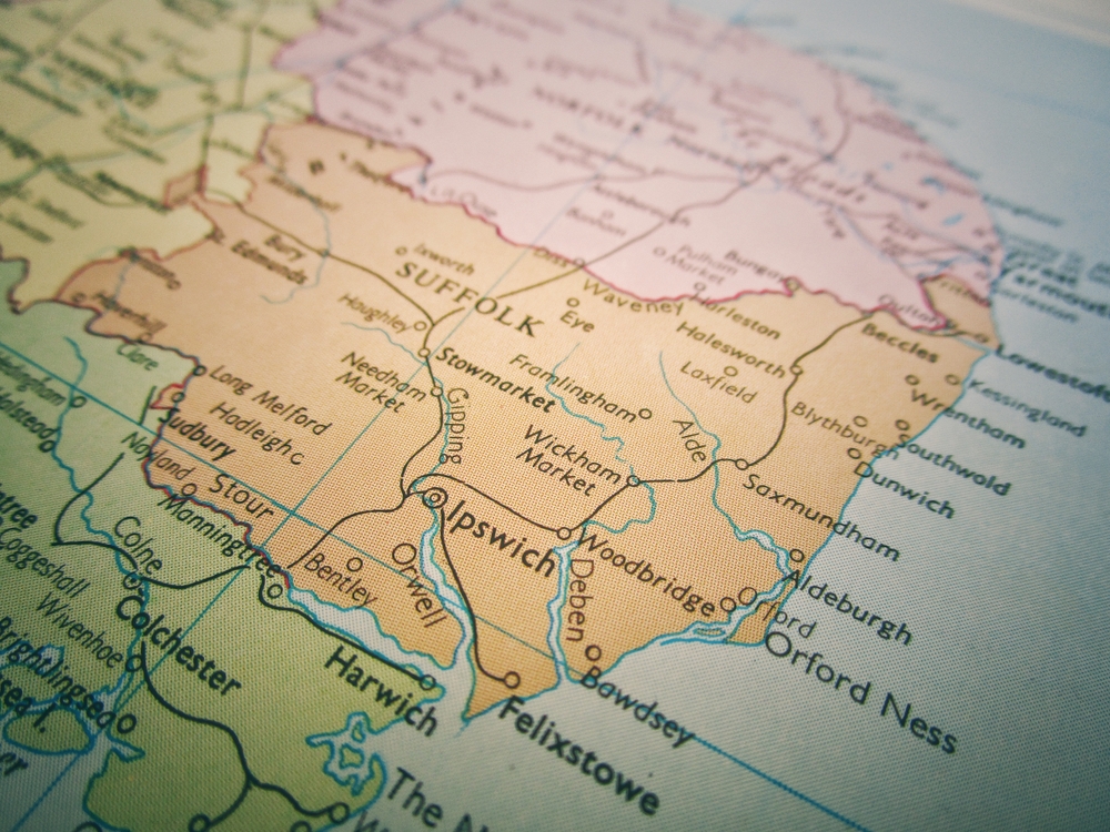 A map of Suffolk and the surrounding counties