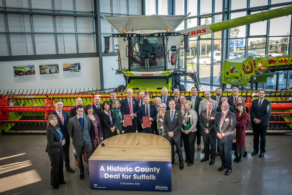 Leaders in Suffolk gathered for signing of the historic county deal at Claas UK headquarters in Little Saxham.