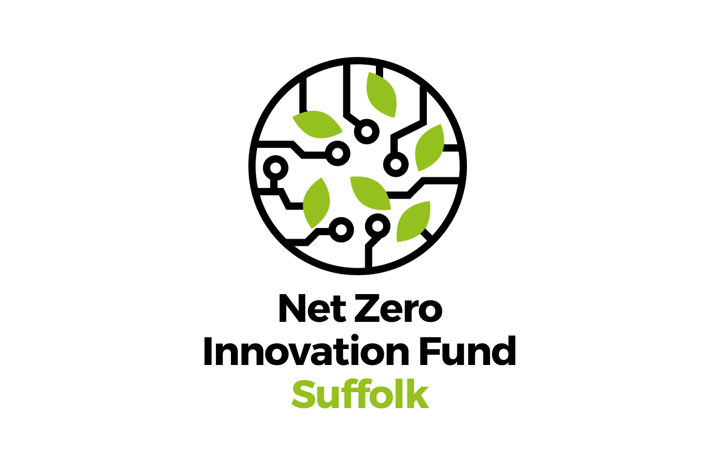 A circular logo representing a circuit board with green leaves. Underneath the words "Net Zero Innovation Fund Suffolk"