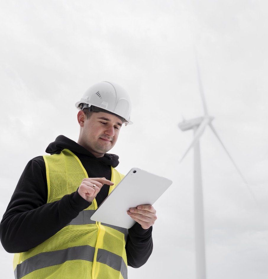 Man in hard hat and hi-vis jacket by a wind farm looking at a tablet. 