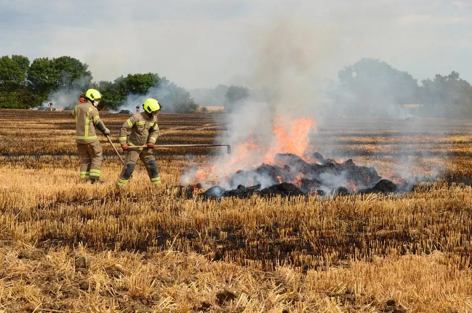 Two firefighters battling a field fire in Suffolk.