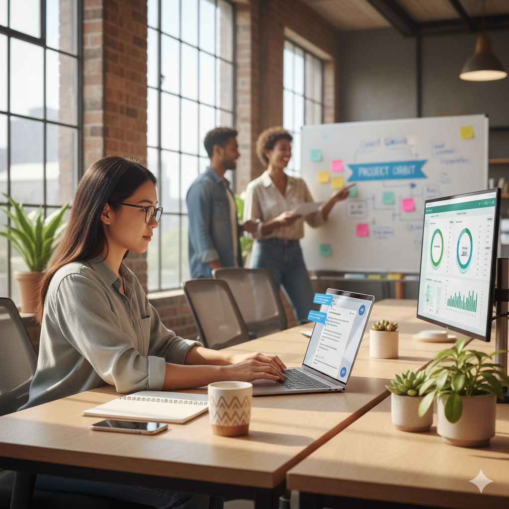 Three people are working together in a sunny office