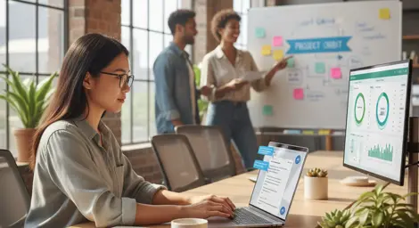 Three people are working together in a sunny office