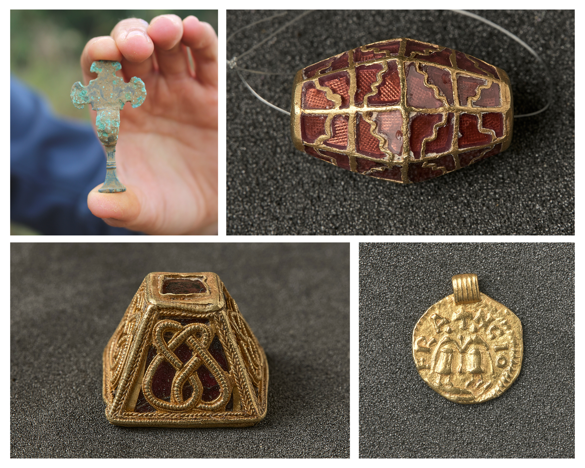 A collage of four images showing excavated items: Small long brooch, Gold and Garnet Bead, Gold and Garnet Sword Pyramid Mount, and Gold coin pendant.