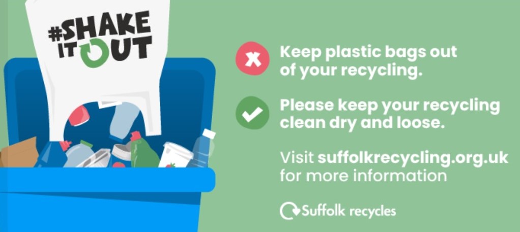 The #ShakeItOut logo with an image of recycling in a bin and the message to shake out plastic bags when recycling and keep it clean, dry and loose.