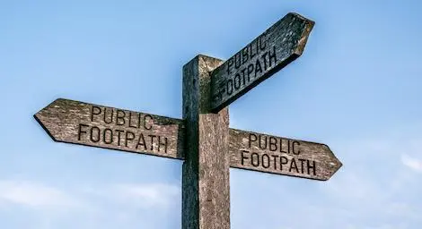 Sign post showing three directions with Public Footpath on each sign