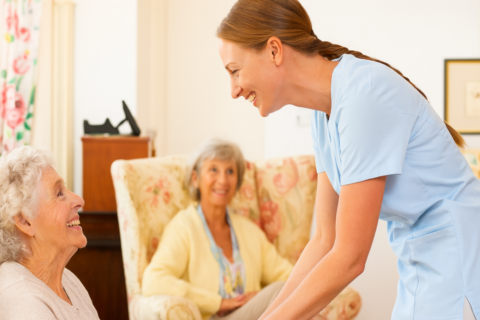 A social worker is smiling and helping two old ladies.