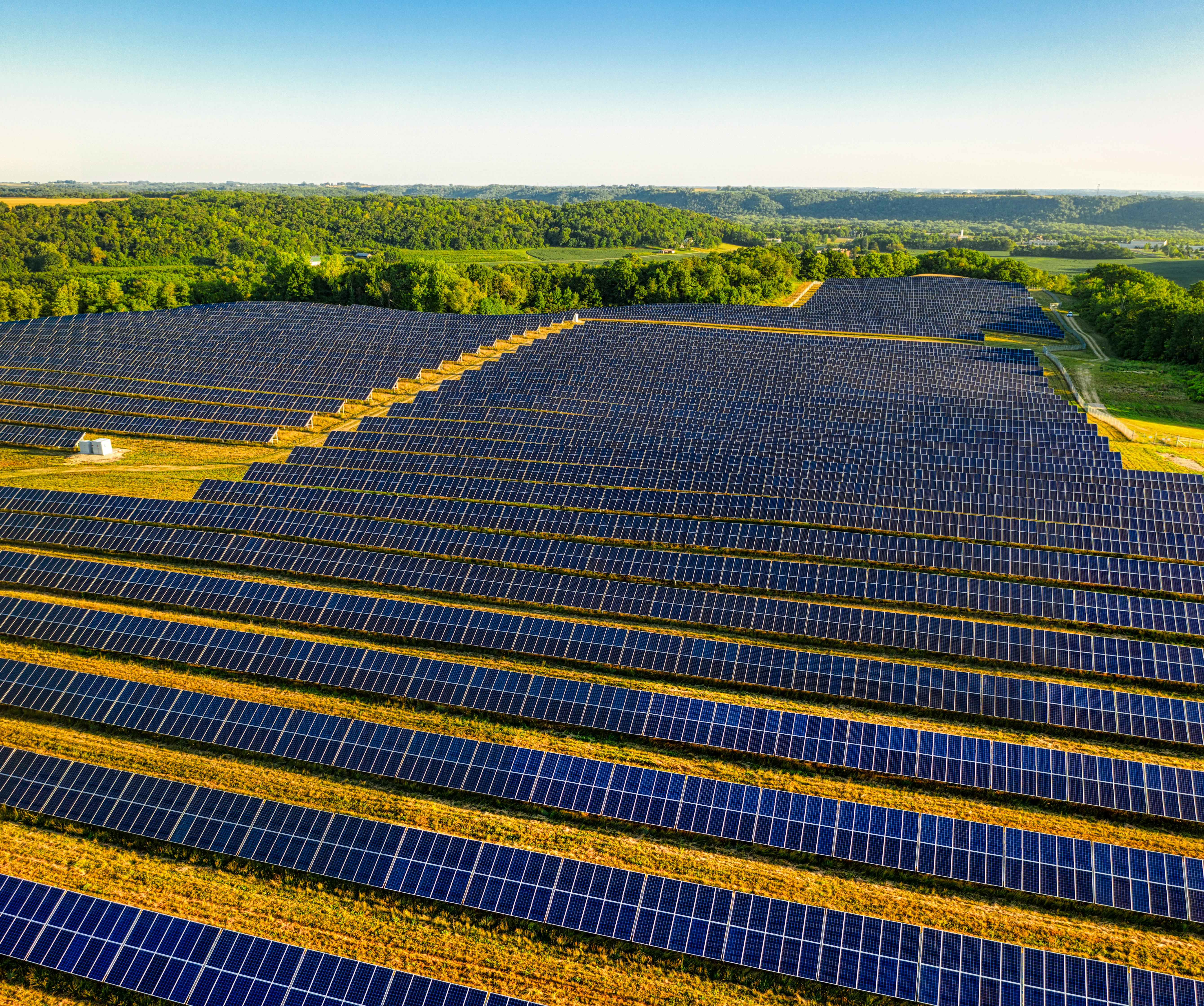 a large solar farm in the countryside