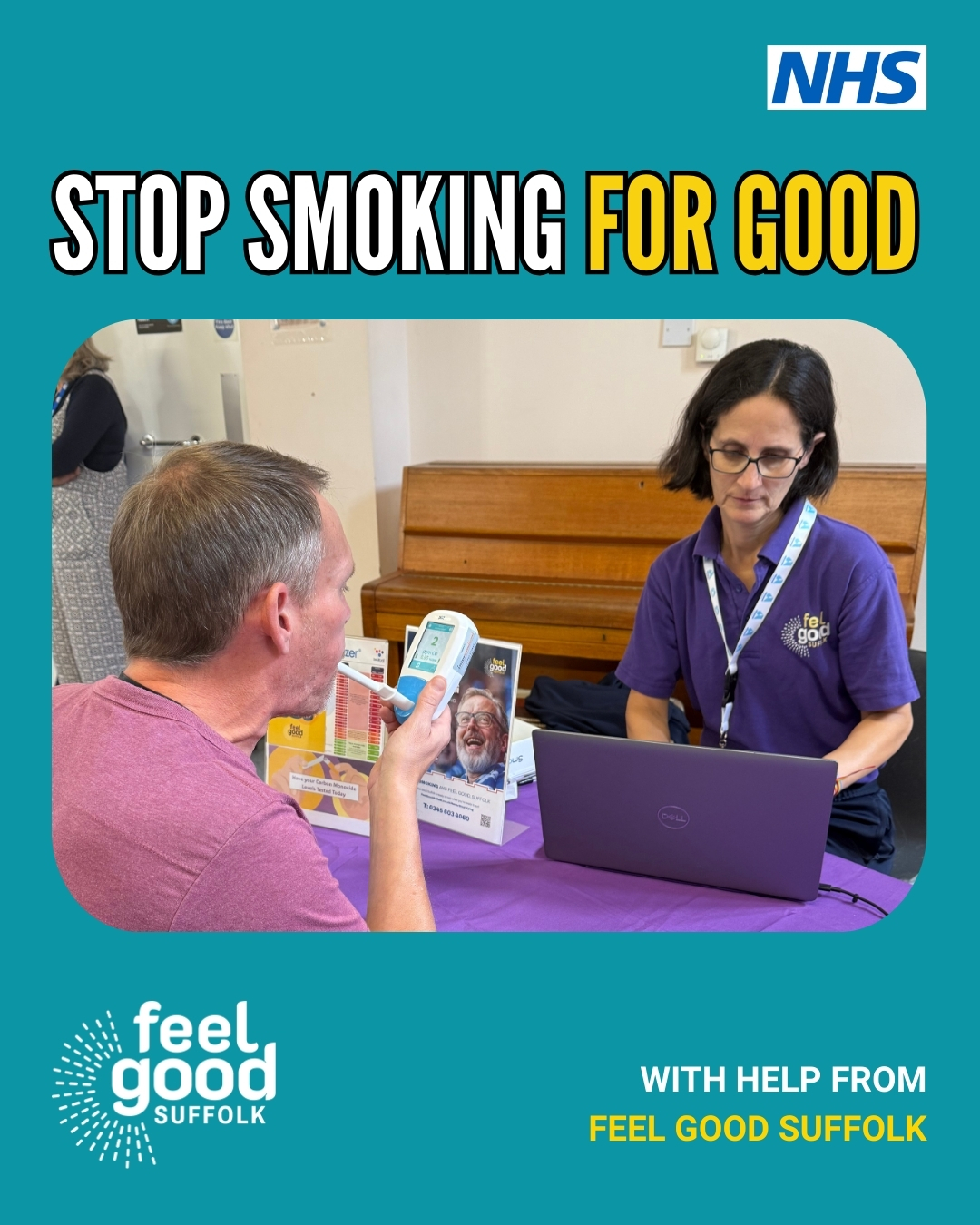 Man blowing into CO2 monitor and getting help from a mentor