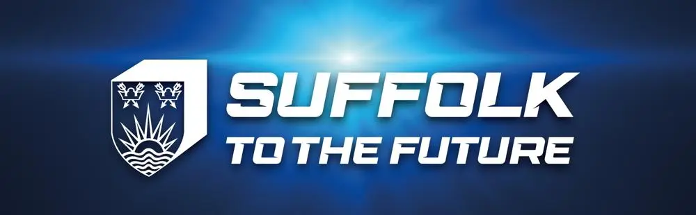 A blue graphic banner which reads 'Suffolk to the future' in bold, white letters with the Suffolk County Council logo on the left