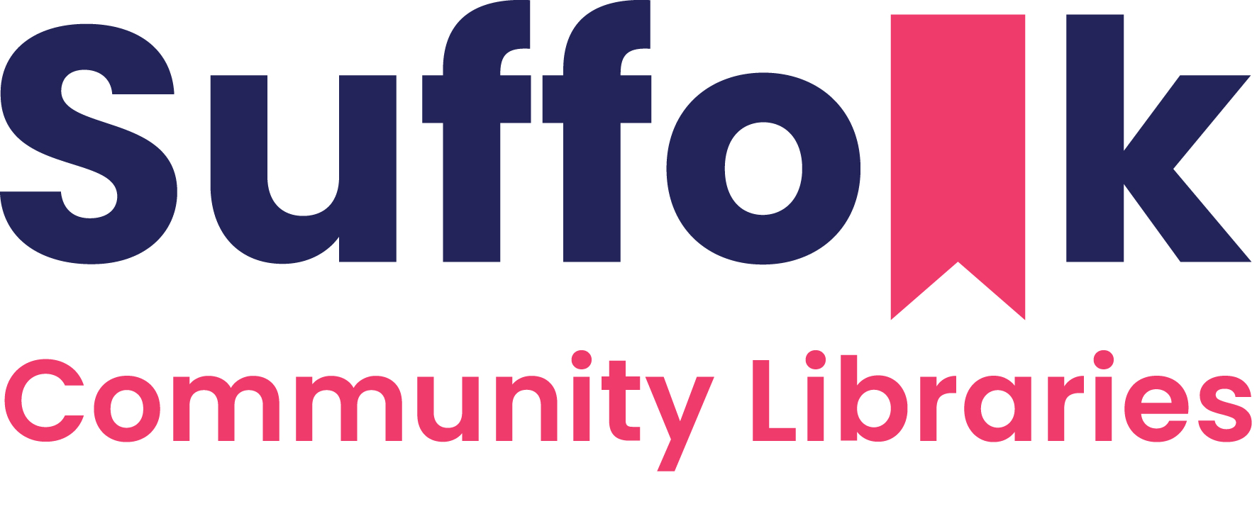 Suffolk Community Libraries logo in blue and pink. 