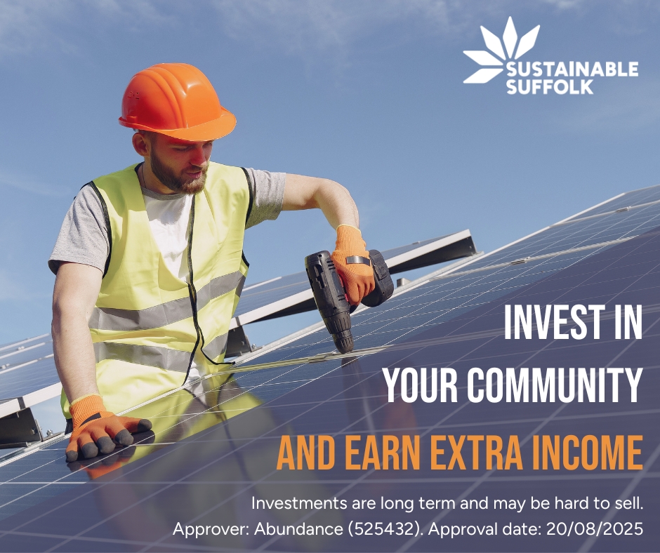 A worker installing solar panels. Text says "Invest in your community and earn extra income. Investments are long term and may be hard to sell. Approver: Abundance (525432). Approval date: 20/08/2025