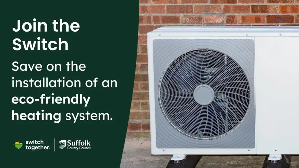 an image of a heat pump with the words "join the switch. save on the installation of an eco-friendly heating system.