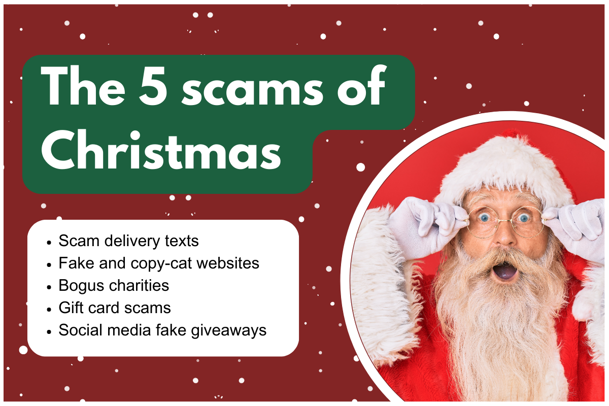 An image of Santa Claus and a list of the five scams of Christmas