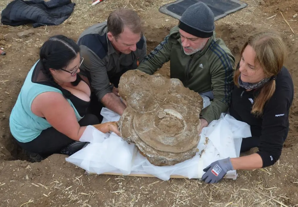 Four people carefully lifting the hoard from an excavated hole in a field