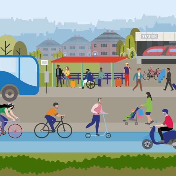 Animated image of cyclist, people waiting for a bus and railway station in the background.