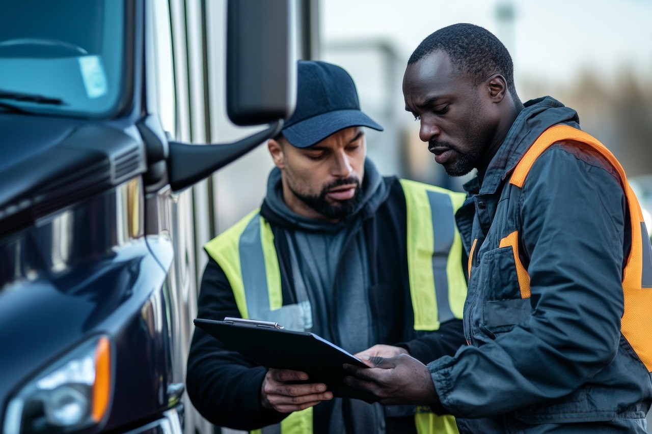 Two men are holding a clipboard next to a lorry