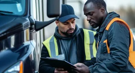 Two men are holding a clipboard next to a lorry