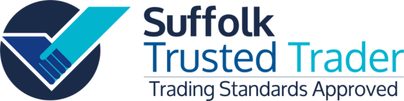 Suffolk Trusted Trader logo. Two hands shaking with the following text "Suffolk Trusted Trader Trading Standards Approved"