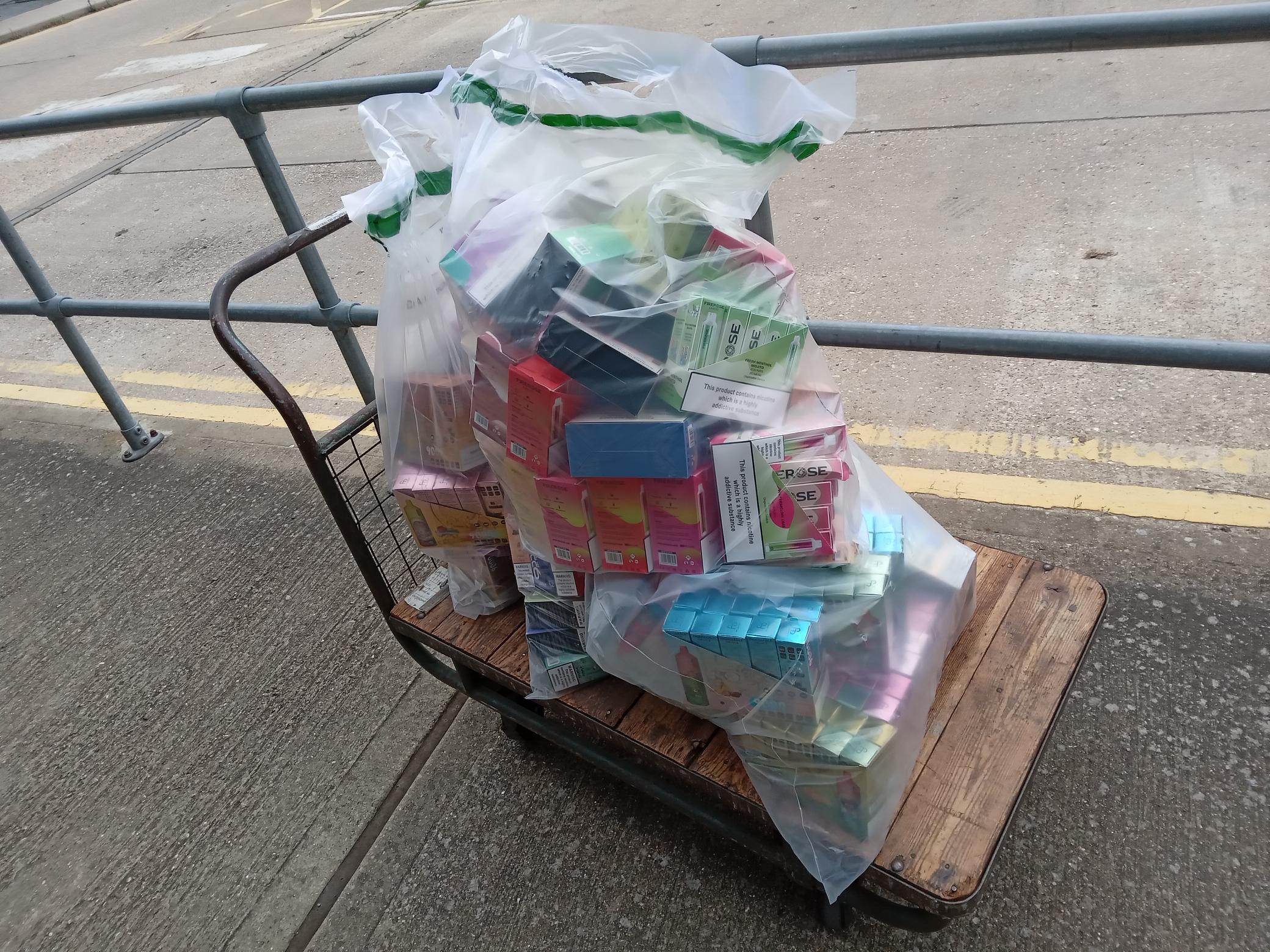 Seized vapes on a trolley
