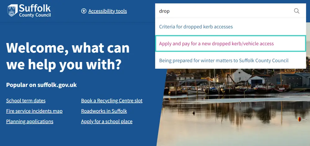 Screenshot showing our new website search auto suggest functionality
