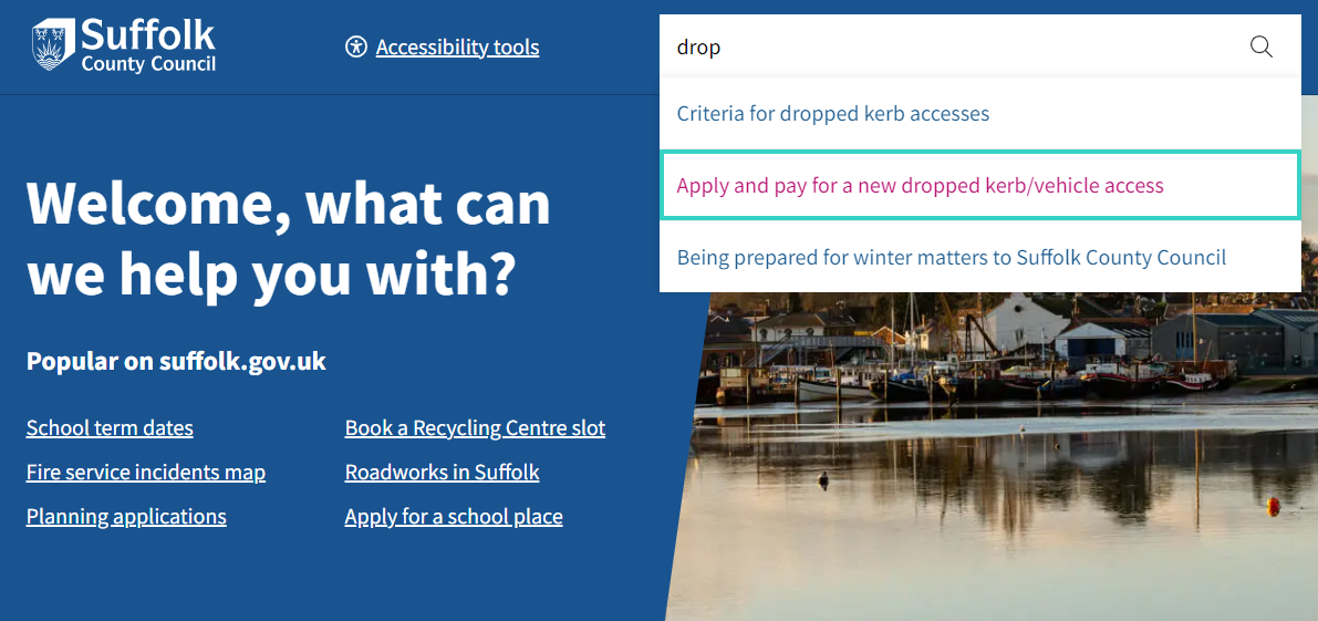 Screenshot showing our new website search auto suggest functionality