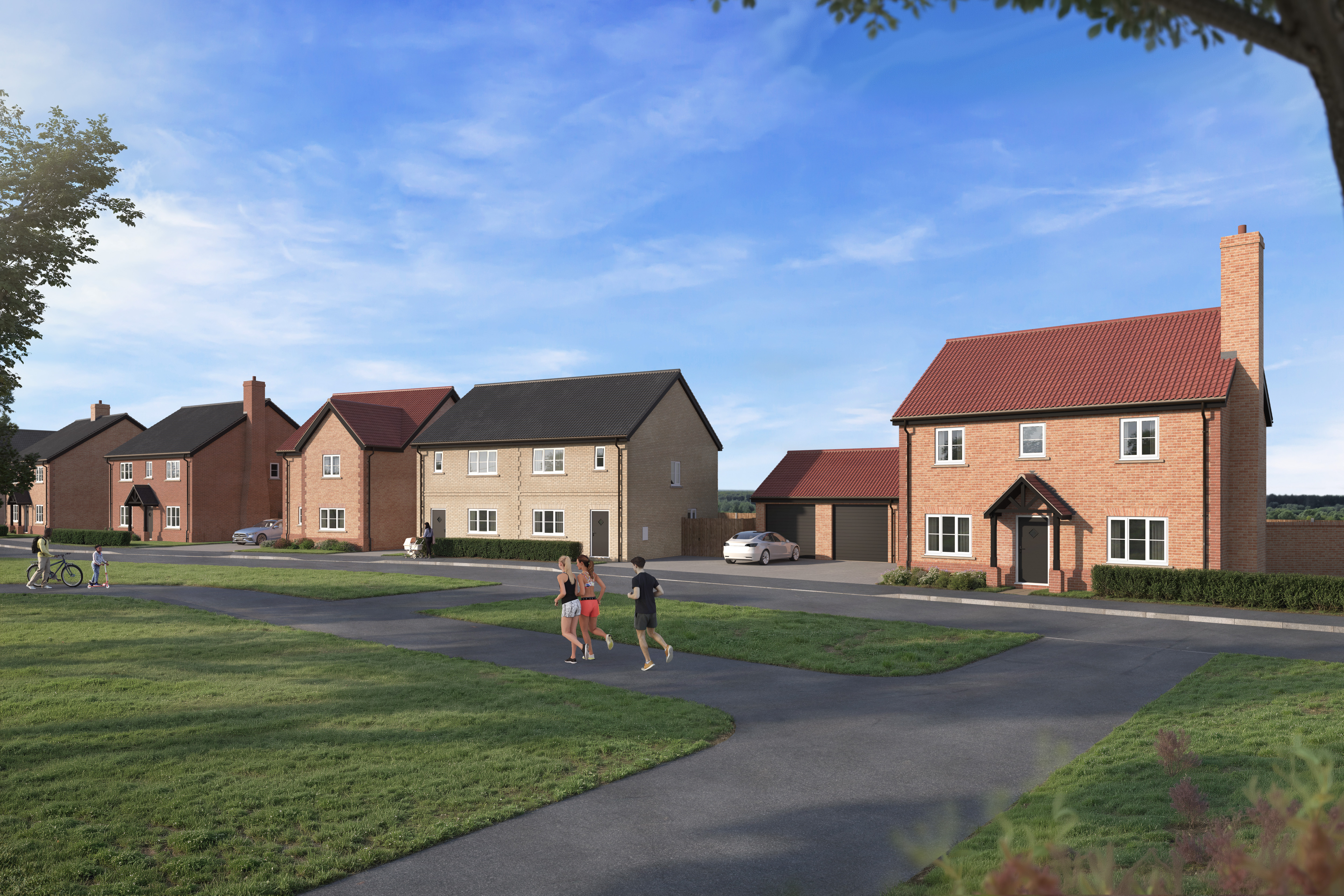 an impression of the housing development showing five homes, trees, green grass and people jogging and riding bikes