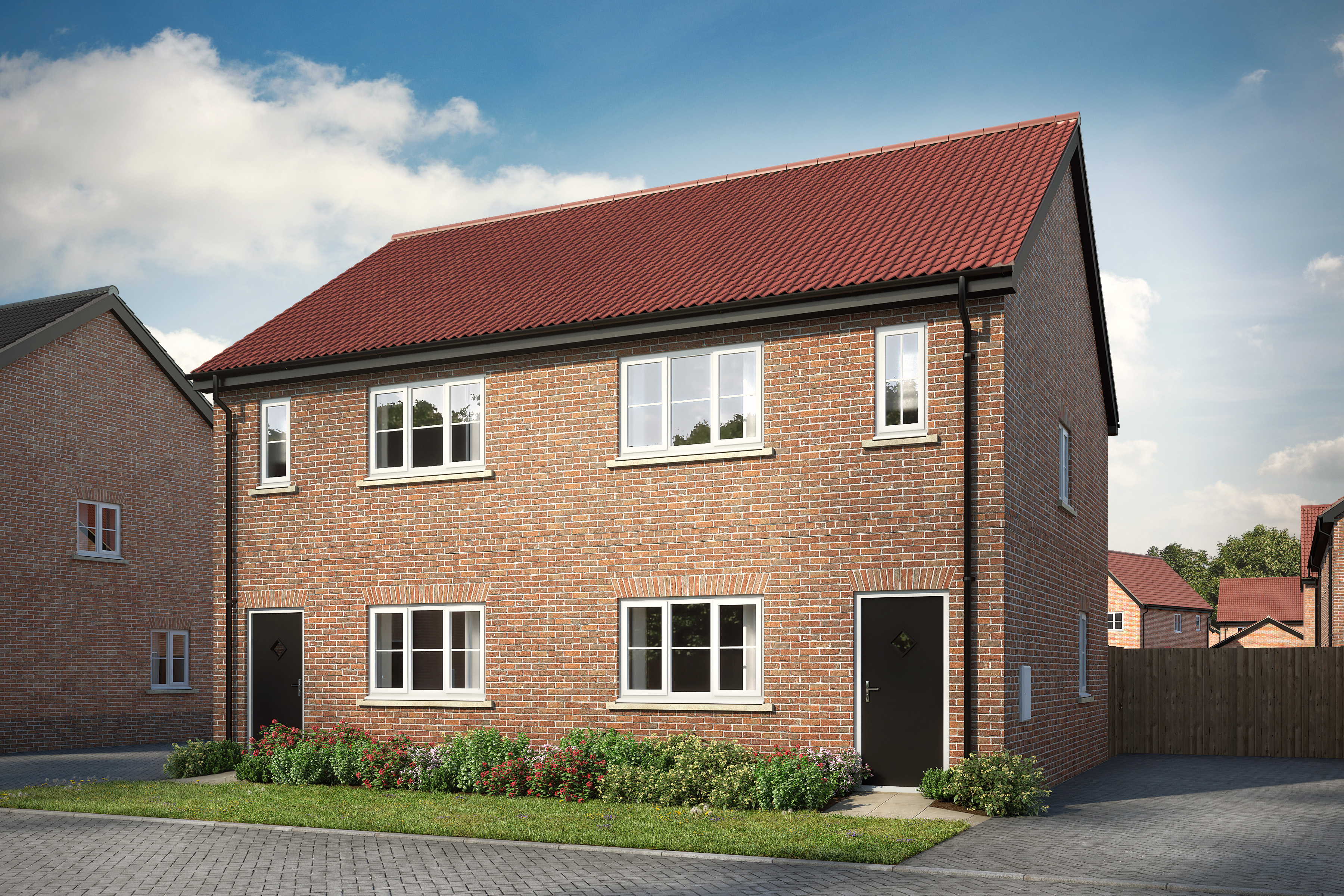 an impression of a new red brick semi-detached property
